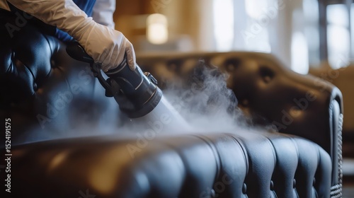 Close-up of cleaning staff using eco-friendly cleaner on glass surface