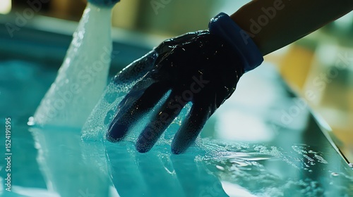 Close-up of cleaning staff using eco-friendly cleaner on glass surface