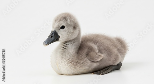 Fototapeta Naklejka Na Ścianę i Meble -  白背景 柔らかな光浴びる 羽根ふわふわ 子白鳥 (Shirohaikei yawarakana hikari abiru hane fuwafuwa ko hakucho) Translation: White background, soft light bathes, fluffy feathers, baby swan.. AI Generated