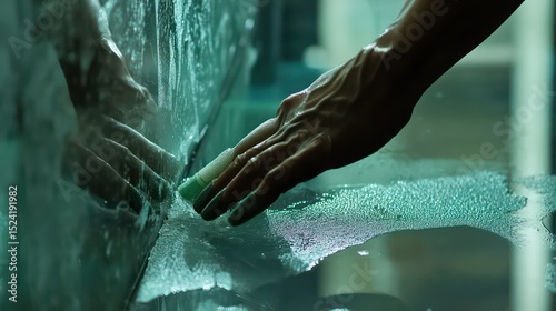 Close-up of cleaning staff using eco-friendly cleaner on glass surface