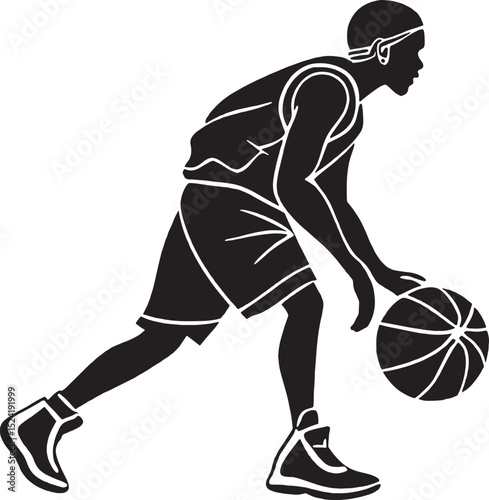 A clean silhouette of a basketball player dribbling low with control, ideal for sport branding, apparel prints, or stock vector collections. Dynamic pose showcases focus and agility.