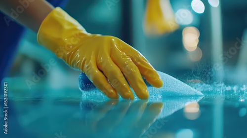 Close-up of cleaning staff using eco-friendly cleaner on glass surface