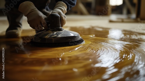 Close-up of cleaning staff’s hands using floor polisher on waxed floor
