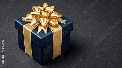 Luxury dark blue gift box with shiny golden ribbon and bow on black background for celebration concept