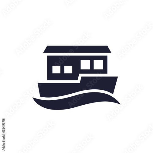 houseboat in water icon, floating house pictogram on white