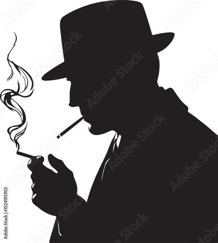 A silhouette of a man lighting a cigarette wearing a fedora hat in a noir style with ascending smoke