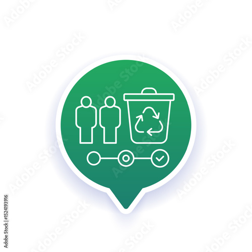 waste management icon with workers and trash bin, line design