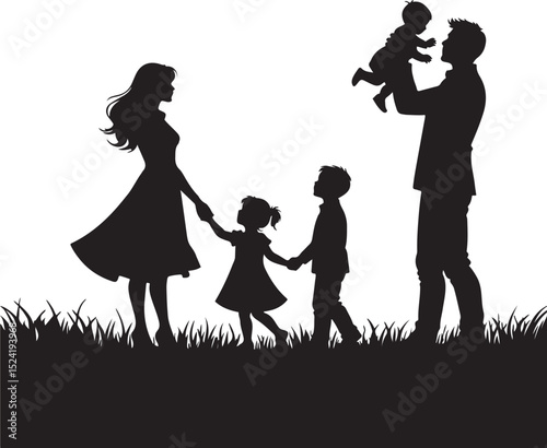 A silhouetted family enjoying a day out on the grass including parents and their three children