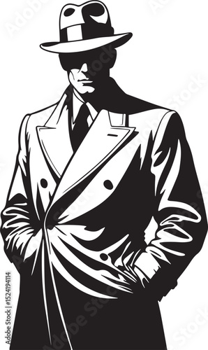 A stylish illustration depicting a sophisticated man in a trench coat and fedora hat standing in silhouette