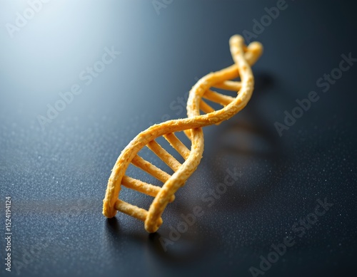 a 3d printed structure resembling a dna double helix, which lies on a dark surface against a blurred background