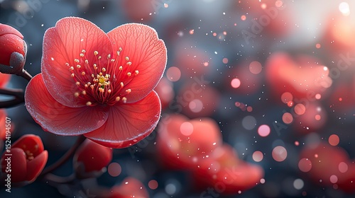 Vivid red flower blooms against bokeh