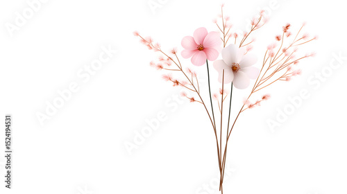 Beautiful floral arrangement featuring delicate pink and white flowers with slender stems and soft background, perfect for spring-themed design or decoration. Selective focus