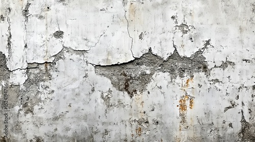 A weathered, cracked, light gray stucco wall surface. photo