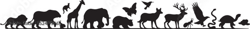 Black silhouette line of various animals including a lion an elephant a deer and an eagle with other wildlife.