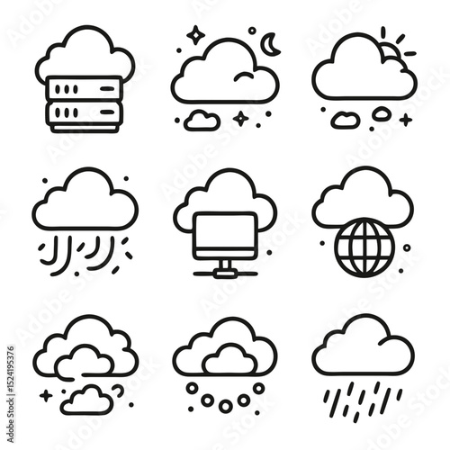 Cloud nine weather icons illustrate cloud computing concepts.