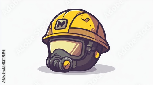 A stylized cartoon illustration of a hard hat with a gas mask attached, depicted in yellow and dark hues, casting a subtle shadow on a white background.