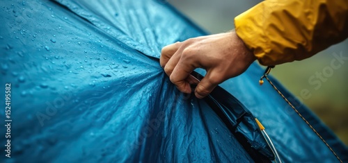 Close-up of climber’s hands placing tent pegs on rocky ground to secure tent corners.
