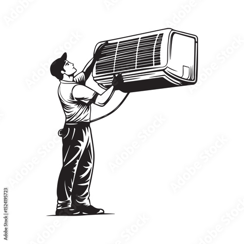 Vector illustration of a technician repairing an AC unit, wearing a uniform and using tools. Ideal for HVAC services, repair business promotions or technical service illustrations.