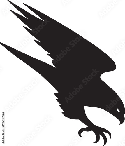 Elegant black silhouette of a hawk in a diving descent with extended wings depicting power and freedom on white background