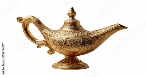 An ornate golden genie lamp against a black background exhibits intricate carvings and a graceful curved spout perfect for fantasy themed designs, storytelling, or magical illustrations.