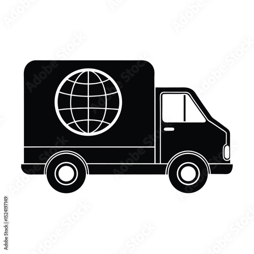 Global delivery service illustration depicting worldwide logistics in a black and white icon