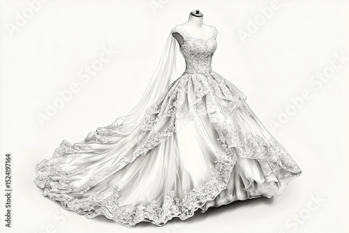 Pencil sketch of elegant wedding dress isolated on white background, symbol of eternal love and marriage