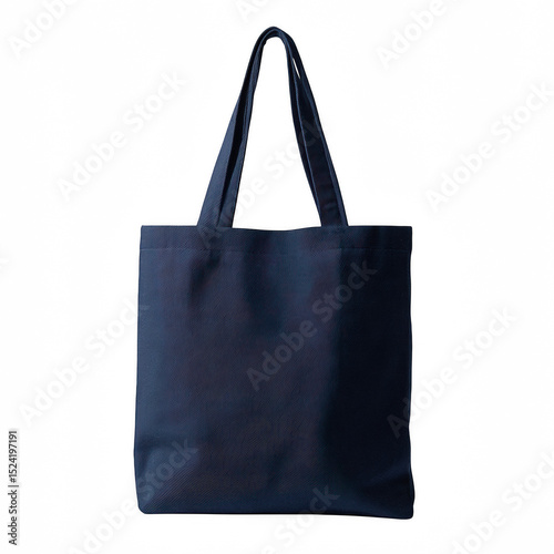 Stylish Dark Blue Tote Bag Mockup Isolated on Black Background Perfect for Branding Designs and Merchandise Presentations Suitable for Fashion Blogs and E-commerce Websites