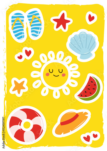 Summer vacation stickers. A collection of colorful summer themed stickers. The sun, watermelon, slates, inflatable circle, panama hat, shell, starfish, hearts. For printing. 