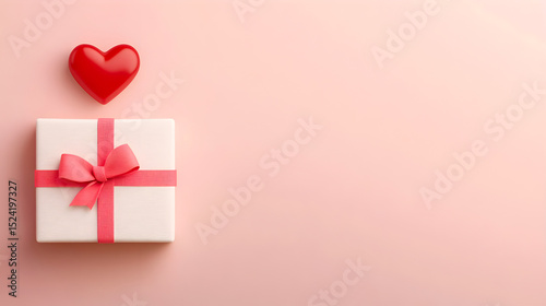 Gift box with pink ribbon and red heart on soft pastel background, symbolizing love and celebration for special occasions and heartfelt moments. Selective focus