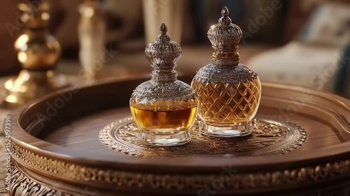 Elegant glass perfume bottles with intricate designs displayed on a wooden tray in a luxurious setting