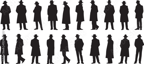 Silhouette collection of men in trench coats and fedora hats posed in various standing and walking positions.
