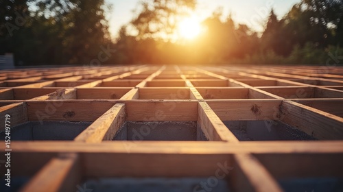 Sunset over Wooden Foundation Structure