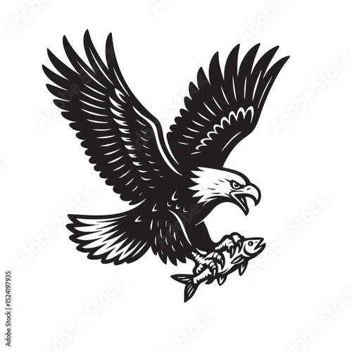 Bold black and white vector of a majestic eagle soaring with a fish in its talons, ideal for logos, tattoos, wildlife prints, and nature-themed designs.