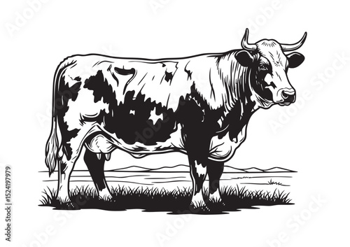 Black and white vector illustration of a Simmental cow standing in a field with mountains in the background, ideal for farm-themed designs and prints.