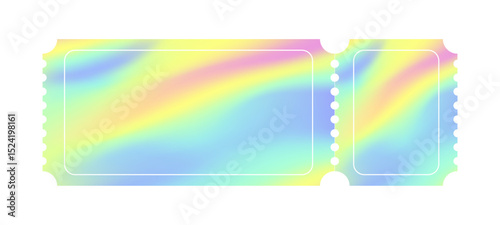 Hologram Vector Ticket Coupon Sticker Template. Holographic Gradient Voucher Illustration Mockup. Blank y2k Festival Pass Frame Tag. Travel Trip and Party Concert Admission Neon Layout. Isolated