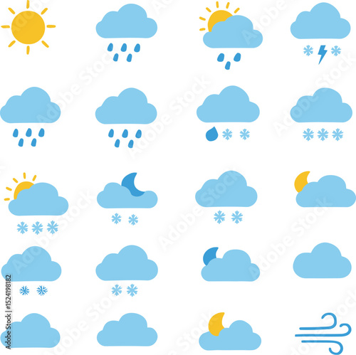 Weather icon set with sun cloud rain snow lightning and wind symbols