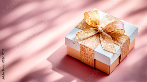 Elegant gift box with golden ribbon placed on soft pink surface, casting delicate shadows, perfect for celebrations and special occasions. Selective focus