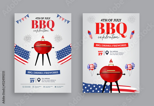 4th of July BBQ celebration flyer design with American flag and fireworks | Independence Day cookout poster with food and stars