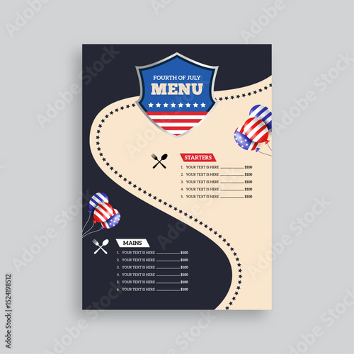 Independence Day food menu template with patriotic theme | 4th of July BBQ flyer with USA flag, balloon, and fireworks for restaurant events
