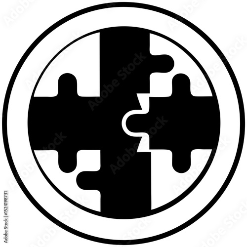 Black and white puzzle piece icon with circular frame concept of icon  