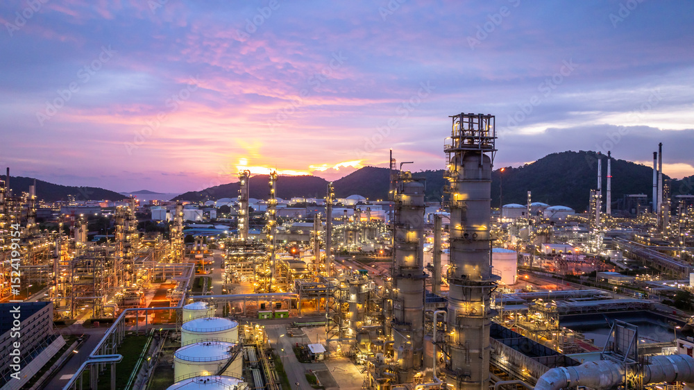 Fototapeta premium Oil and gas industrial refinery at night, Oil and gas refinery petrochemical plant pipeline steel, Oil and gas refinery factory oil and gas storage tank pipeline steel at night, Global energy refinery