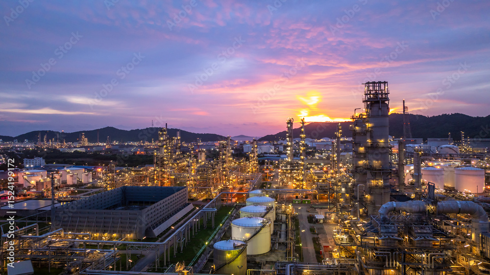 Fototapeta premium Oil and gas industrial refinery at night, Oil and gas refinery petrochemical plant pipeline steel, Oil and gas refinery factory oil and gas storage tank pipeline steel at night, Global energy refinery