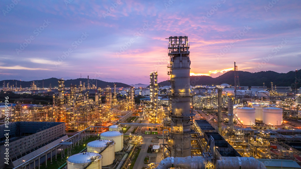 Fototapeta premium Oil and gas industrial refinery at night, Oil and gas refinery petrochemical plant pipeline steel, Oil and gas refinery factory oil and gas storage tank pipeline steel at night, Global energy refinery