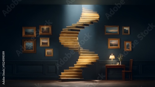 Surreal Staircase Made From Framed Memories Illuminated In A Dark Blue Interior Space