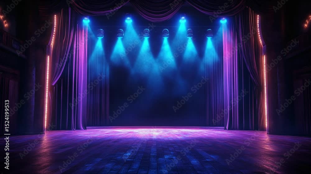 An empty theater stage with blue spotlights, purple curtains, and a wooden floor