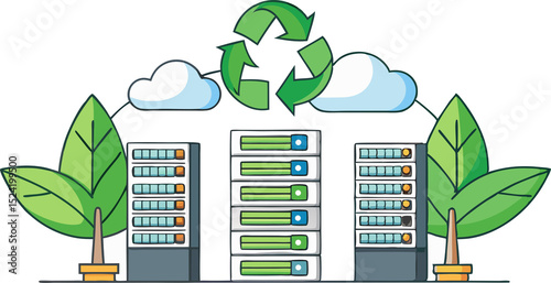 Eco-friendly data center with green energy concept showing server racks surrounded by recycling arrows and a leaf symbol for sustainable technology