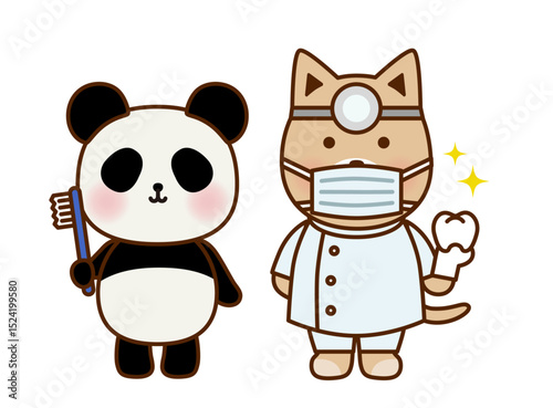 歯ブラシを持つパンダと歯医者の犬のかわいいイラスト