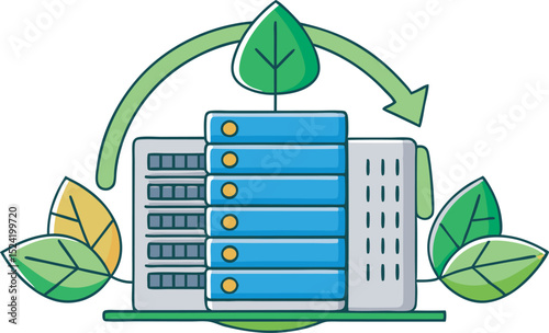 Eco-friendly data center with green energy concept showing server racks surrounded by recycling arrows and a leaf symbol for sustainable technology