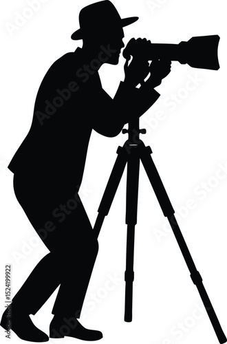 Silhouette of Professional Photographer Taking Photo with Tripod   Photography and Camera Vector Illustration