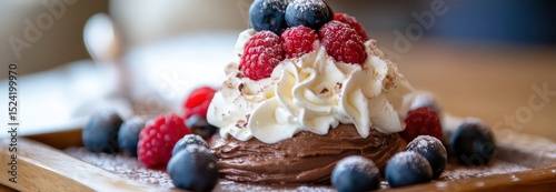 Close-up of chocolate mousse with whipped cream and fresh berries on wooden tray.